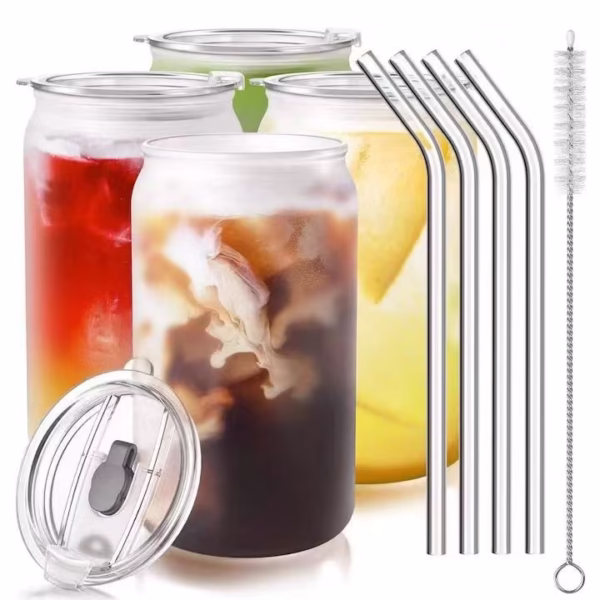 Set 4 Pahare din Sticla, Flippy, Capace din Plastic si Paie Incluse, 500 mL, Transparente - imagine 1