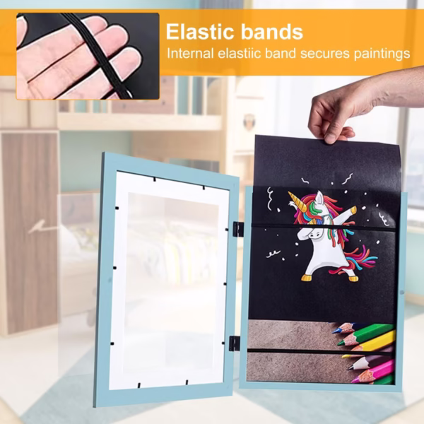 Rama Foto Flippy, cu Magnet, din Lemn, cu Spatiu Pentru Depozitare, Pentru Desene si Picturi A4, Sticla Securizata, Rama MDF, 21x30 cm, Albastru - imagine 4