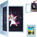 Rama Foto Flippy, cu Magnet, din Lemn, cu Spatiu Pentru Depozitare, Pentru Desene si Picturi A4, Sticla Securizata, Rama MDF, 21x30 cm, Albastru - imagine 5