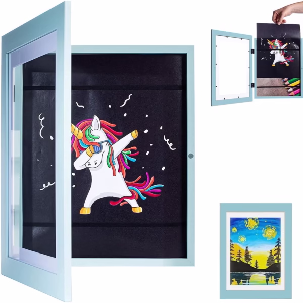 Rama Foto Flippy, cu Magnet, din Lemn, cu Spatiu Pentru Depozitare, Pentru Desene si Picturi A4, Sticla Securizata, Rama MDF, 21x30 cm, Albastru - imagine 5
