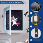 Rama Foto Flippy, cu Magnet, din Lemn, cu Spatiu Pentru Depozitare, Pentru Desene si Picturi A4, Sticla Securizata, Rama MDF, 21x30 cm, Albastru - imagine 10