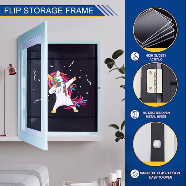 Rama Foto Flippy, cu Magnet, din Lemn, cu Spatiu Pentru Depozitare, Pentru Desene si Picturi A4, Sticla Securizata, Rama MDF, 21x30 cm, Albastru - imagine 10