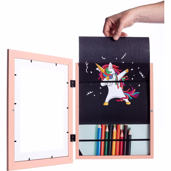Rama Foto Flippy, cu Magnet, din Lemn, cu Spatiu Pentru Depozitare, Pentru Desene si Picturi A4, Sticla Securizata, Rama MDF, 21x30 cm, Roz - imagine 6