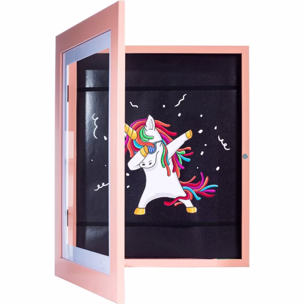 Rama Foto Flippy, cu Magnet, din Lemn, cu Spatiu Pentru Depozitare, Pentru Desene si Picturi A4, Sticla Securizata, Rama MDF, 21x30 cm, Roz - imagine 1