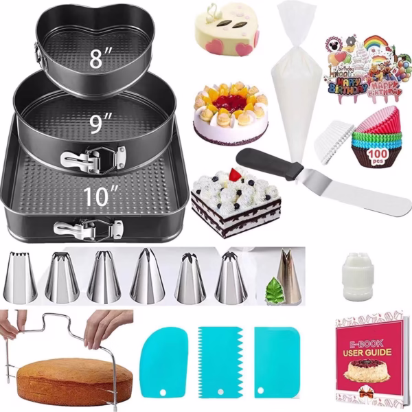 Set de 216 Piese de Copt pentru Prajituri, Flippy, 3 Tavi de Copt, Nivelator, Forme Cupcake, Pos pentru Ornat cu 7 Capete, Feliator Tort, din Otel Inoxidabil, Multicolor - imagine 1
