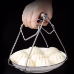 Clema pentru Boluri, Flippy, Anti-Alunecare, din Otel Inoxidabil, Extindere, pentru Oale, Tigai, de Uz Casnic, Rezistent la Temperaturi Inalte, 19.5x9.8x8 cm, Maner Maro, Gri - imagine 4