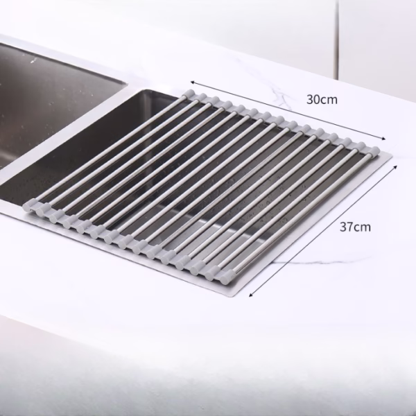 Covoras de Scurgere pentru Chiuveta Bucatarie, din Otel Inoxidabil, Suport Chiuveta, Pliabil, Antiderapant, Usor de Curatat si de Depozitat, 37x30cm, 15 Tuburi, Gri - imagine 6