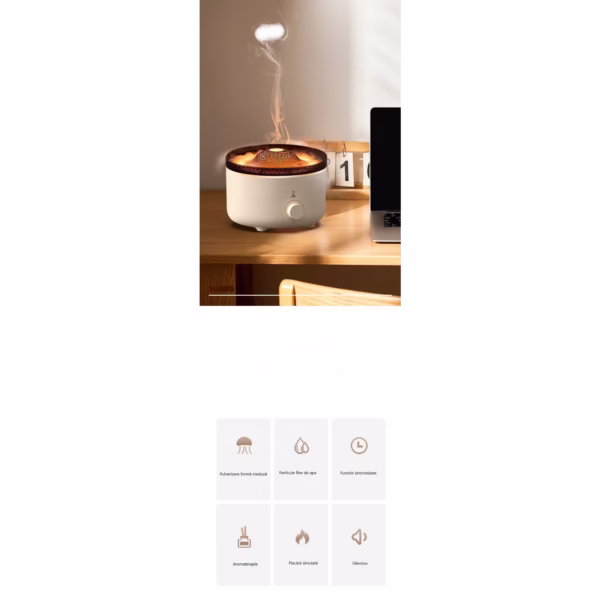 Umidificator de tip vulcan, Flippy, cu aromaterapie, cu telecomanda, 560 ml, model V21A, alb - imagine 7