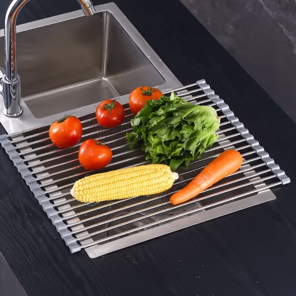 Covoras de Scurgere pentru Chiuveta Bucatarie, din Otel Inoxidabil, Suport Chiuveta, Pliabil, Antiderapant, Usor de Curatat si de Depozitat, 47x37cm, 18 Tuburi, Gri - imagine 3