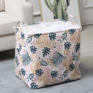 Cos de Depozitare pentru Rufe, Flippy, Cos Pliabil CLOTHBOX pentru Depozitarea Jucarii, Haine, Cos de Haine Murdare cu Snur, 80 x 50 x 50 cm, Model Frunze, Alb Multicolor