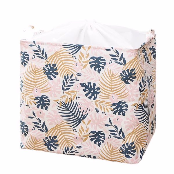 Cos de Depozitare pentru Rufe, Flippy, Cos Pliabil CLOTHBOX pentru Depozitarea Jucarii, Haine, Cos de Haine Murdare cu Snur, 80 x 50 x 50 cm, Model Frunze, Alb Multicolor - imagine 2