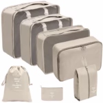 Set 7 Genti de Calatorie, Flippy, pentru Depozitare, Compresibile, 7 Dimensiuni, Impermeabile, Design cu Plasa, Pliabile, Manere Robuste, Fermoar dublu, Bej - imagine 2
