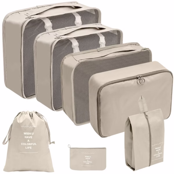 Set 7 Genti de Calatorie, Flippy, pentru Depozitare, Compresibile, 7 Dimensiuni, Impermeabile, Design cu Plasa, Pliabile, Manere Robuste, Fermoar dublu, Bej - imagine 2