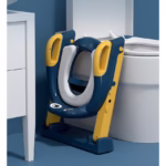 Reductor si Scaunel Inaltator WC, Flippy, pentru Copii 1 - 7 Ani, 2 Trepte Reglabile, Pliabil, Colac Moale, cu Spatar si Manere, Inaltime 54/58 cm x 39.5 x 35 cm, din Plastic+PVC, Albastru/Portocaliu - imagine 2