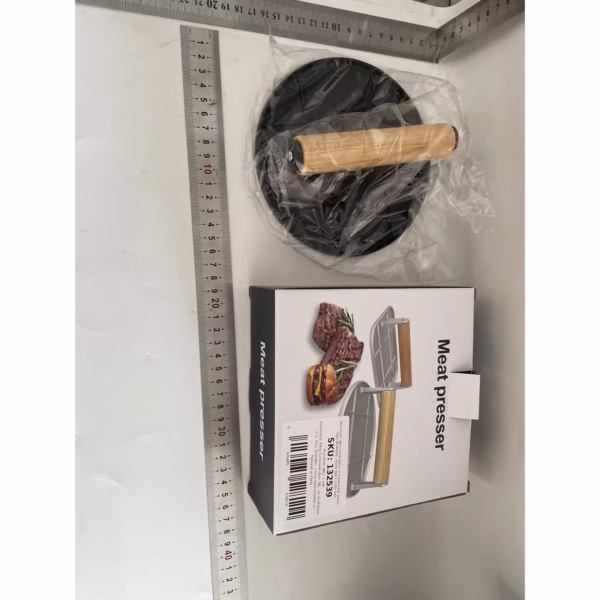Presa Manuala pentru Carne, Flippy, din Aliaj de Aluminiu, Maner din Lemn, Presa pentru Burgeri, Usor de Curatat si Folosit, Rotunda, 16x16x6 cm, Neagra - imagine 2