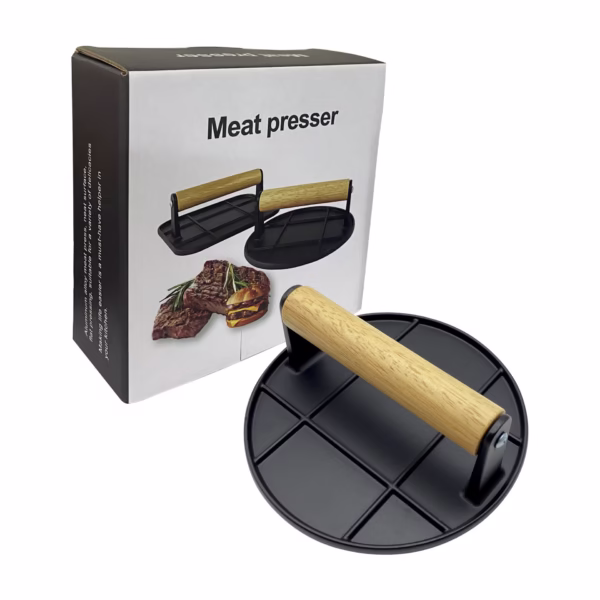Presa Manuala pentru Carne, Flippy, din Aliaj de Aluminiu, Maner din Lemn, Presa pentru Burgeri, Usor de Curatat si Folosit, Rotunda, 16x16x6 cm, Neagra - imagine 3
