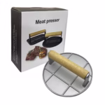 Presa Manuala pentru Carne, Flippy, din Aliaj de Aluminiu, Maner din Lemn, Presa pentru Burgeri, Usor de Curatat si Folosit, Rotunda, 16x16x6 cm, Gri - imagine 3