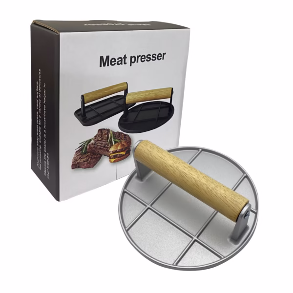 Presa Manuala pentru Carne, Flippy, din Aliaj de Aluminiu, Maner din Lemn, Presa pentru Burgeri, Usor de Curatat si Folosit, Rotunda, 16x16x6 cm, Gri - imagine 3