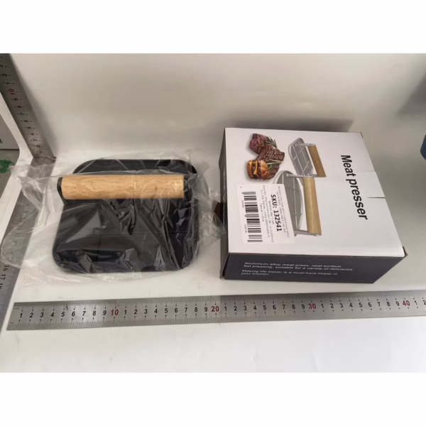 Presa Manuala pentru Carne, Flippy, din Aliaj de Aluminiu, Maner din Lemn, Presa pentru Burgeri, Usor de Curatat si Folosit, Patrata, 16x16x6 cm, Neagra - imagine 2