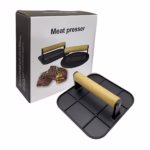 Presa Manuala pentru Carne, Flippy, din Aliaj de Aluminiu, Maner din Lemn, Presa pentru Burgeri, Usor de Curatat si Folosit, Patrata, 16x16x6 cm, Neagra - imagine 6