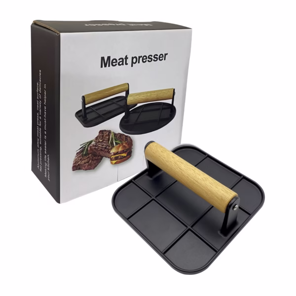Presa Manuala pentru Carne, Flippy, din Aliaj de Aluminiu, Maner din Lemn, Presa pentru Burgeri, Usor de Curatat si Folosit, Patrata, 16x16x6 cm, Neagra - imagine 6