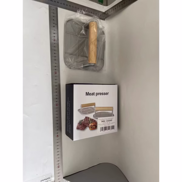Presa Manuala pentru Carne, Flippy, din Aliaj de Aluminiu, Maner din Lemn, Presa pentru Burgeri, Usor de Curatat si Folosit, Patrata, 16x16x6 cm, Gri - imagine 2