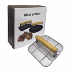 Presa Manuala pentru Carne, Flippy, din Aliaj de Aluminiu, Maner din Lemn, Presa pentru Burgeri, Usor de Curatat si Folosit, Patrata, 16x16x6 cm, Gri - imagine 3