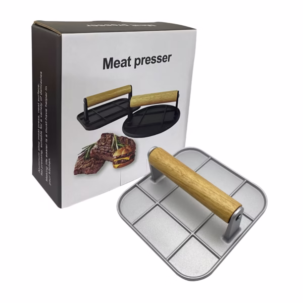 Presa Manuala pentru Carne, Flippy, din Aliaj de Aluminiu, Maner din Lemn, Presa pentru Burgeri, Usor de Curatat si Folosit, Patrata, 16x16x6 cm, Gri - imagine 3