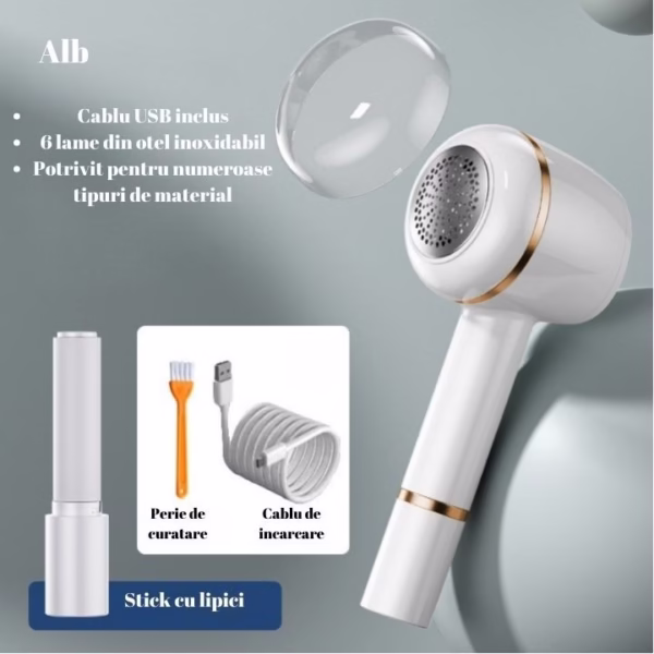 Aparat Pentru Curatat Scame, Par Si Praf, Flippy, Pentru Diferite Tipuri De Material, Cu Lame Din Otel Inoxidabil, Incarcare Prin USB Type-C, Cu Perie De Curatare, Cablu USB Si Stick Cu Lipici Incluse, Alb, 220 x 86 mm - imagine 5