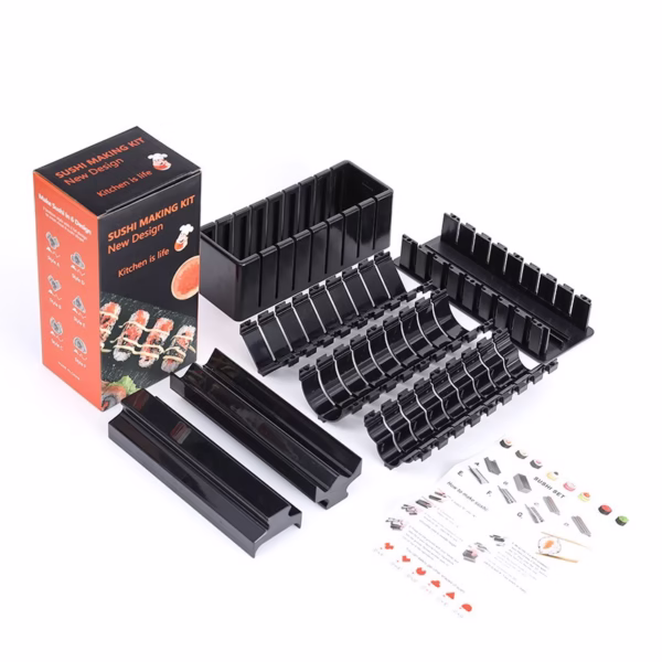 Aparat pentru Sushi, Flippy, Set 7 Accesorii pentru Sushi, Ofera 3 Forme de Design, Rotund, Triunghi, Inimioare, Negru - imagine 1