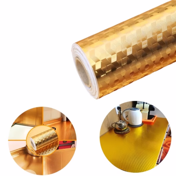 Autocolant de Bucatarie, Flippy, Autoadeziv, Impermeabil, Rezistent la Temperaturi Ridicate, din PVC, 60 x 100 cm, Model Cub 3D, Auriu - imagine 1
