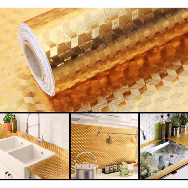 Autocolant de Bucatarie, Flippy, Autoadeziv, Impermeabil, Rezistent la Temperaturi Ridicate, din PVC, 60 x 100 cm, Model Cub 3D, Auriu - imagine 3