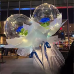 Trandafir in Balon LED cu Lumini, Flippy, Tip Buchet, Diametru 35 cm, Albastru - imagine 2