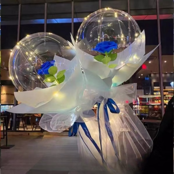 Trandafir in Balon LED cu Lumini, Flippy, Tip Buchet, Diametru 35 cm, Albastru - imagine 2