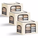 Cutie de Depozitare, Flippy, cu 3 Ferestre cu Fermoar Bidirectional, Cadru din Otel, Impermeabil, 38L, 42 x 30 x 30 cm, Bej - imagine 2