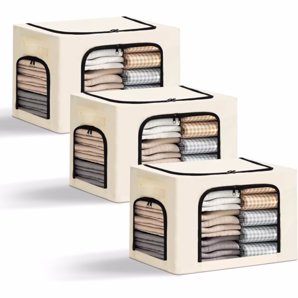 Cutie de Depozitare, Flippy, cu 3 Ferestre cu Fermoar Bidirectional, Cadru din Otel, Impermeabil, 38L, 42 x 30 x 30 cm, Bej - imagine 2