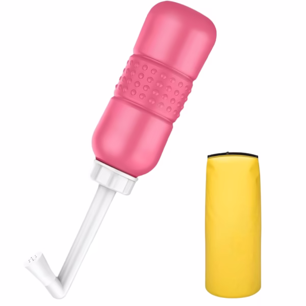 Bideu Portabil pentru Igiena Intima, Flippy, pentru Postpartum/ Postoperator, 450 mL, cu Capac si Husa Galbena, 29.5x7 cm, Culoare Recipient Roz - imagine 1