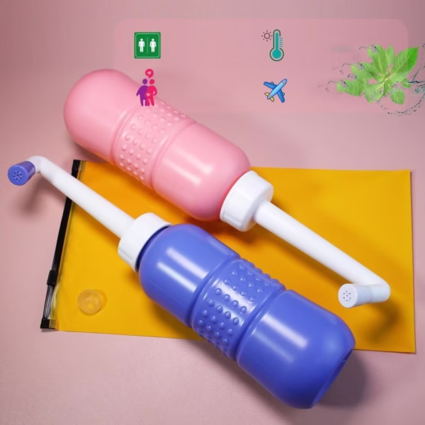 Bideu Portabil pentru Igiena Intima, Flippy, pentru Postpartum/ Postoperator, 450 mL, cu Capac si Husa Galbena, 29.5x7 cm, Culoare Recipient Roz - imagine 6