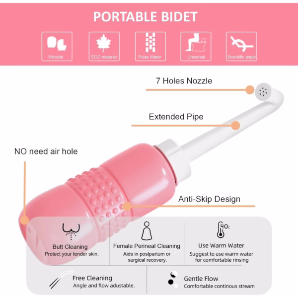 Bideu Portabil pentru Igiena Intima, Flippy, pentru Postpartum/ Postoperator, 450 mL, cu Capac si Husa Galbena, 29.5x7 cm, Culoare Recipient Roz - imagine 7