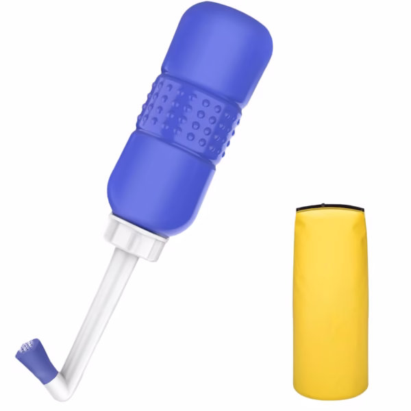 Bideu Portabil pentru Igiena Intima, Flippy, pentru Postpartum/ Postoperator, 450 mL, cu Capac si Husa Galbena, 29.5x7 cm, Culoare Recipient Mov - imagine 1