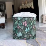 Cutie de Depozitare Pliabila, Flippy, Impermeabila, cu Snur, Capacitate 100 L, cu Manere, 50x50x40cm, Model Frunze, Verde - imagine 8