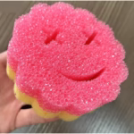 Burete de Vase, Flippy, Rotund, din Burete PU, Model Smiley Face, Doua Fete, 10 x 4 cm, Roz/Galben - imagine 3