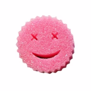 Burete de Vase, Flippy, Rotund, din Burete PU, Model Smiley Face, Doua Fete, 10 x 4 cm, Roz/Galben