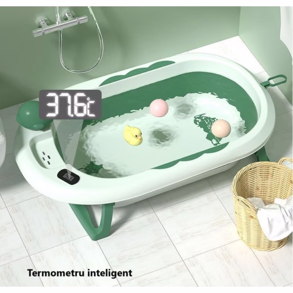 Cada de Baie, Flippy, pentru Copii 0 luni - 6 Ani, cu Termometru, Pliabila, Perna Suport Inclusa, din Plastic, 81.5 x 49 x 21.5 cm, Verde - imagine 5
