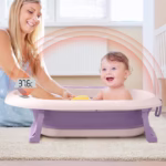 Cada de Baie, Flippy, pentru Copii 0 luni - 6 Ani, cu Termometru, Pliabila, Perna Suport Inclusa, din Plastic, 81.5 x 49 x 21.5 cm, Mov - imagine 2