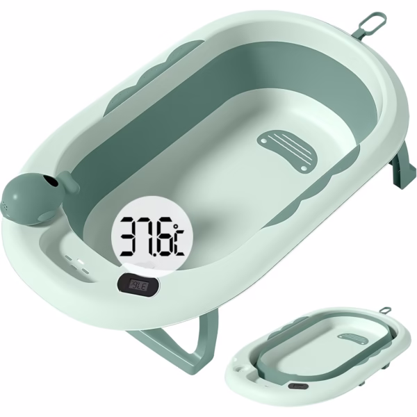 Cada de Baie, Flippy, pentru Copii 0 luni - 6 Ani, cu Termometru, Pliabila, Perna Suport Inclusa, din Plastic, 81.5 x 49 x 21.5 cm, Verde - imagine 1