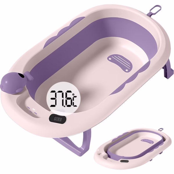 Cada de Baie, Flippy, pentru Copii 0 luni - 6 Ani, cu Termometru, Pliabila, Perna Suport Inclusa, din Plastic, 81.5 x 49 x 21.5 cm, Mov - imagine 1