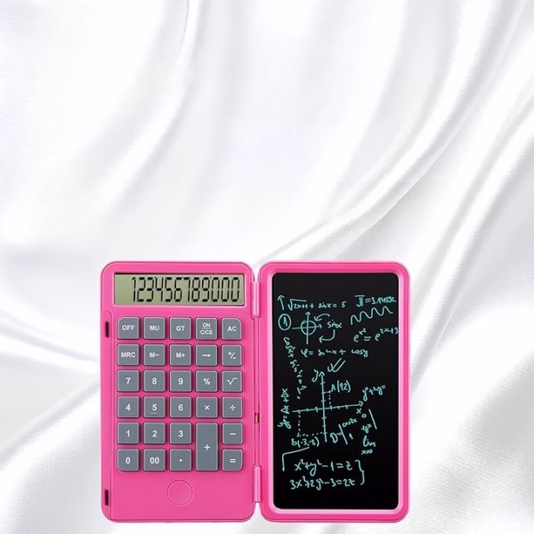 Calculator de Mana Reincarcabil cu Tabla de Scris, Flippy, Calculator Portabil, Ecran LCD, Afisaj cu 12 Cifre, Ecran de 15 cm, Culoare Roz - imagine 2