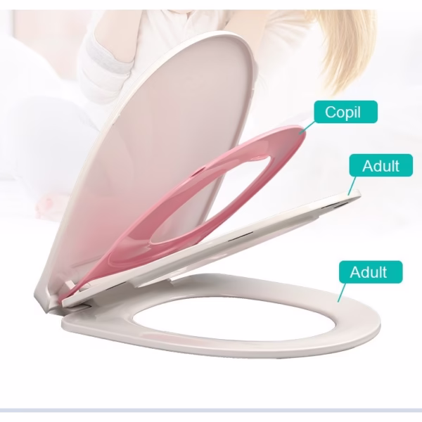 Capac de Toaleta cu Reductie 3 in 1, Flippy, pentru Copii +3 Ani si Adulti, Coborare Lenta si Silentioasa, Instalare Usoara, din PP5 , in Forma de O, Alb/Roz - imagine 2