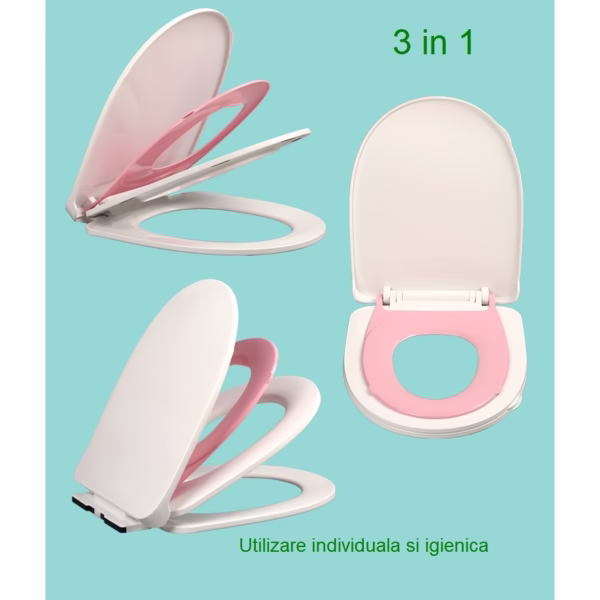 Capac de Toaleta cu Reductie 3 in 1, Flippy, pentru Copii +3 Ani si Adulti, Coborare Lenta si Silentioasa, Instalare Usoara, din PP5 , in Forma de U, Alb/Roz - imagine 3